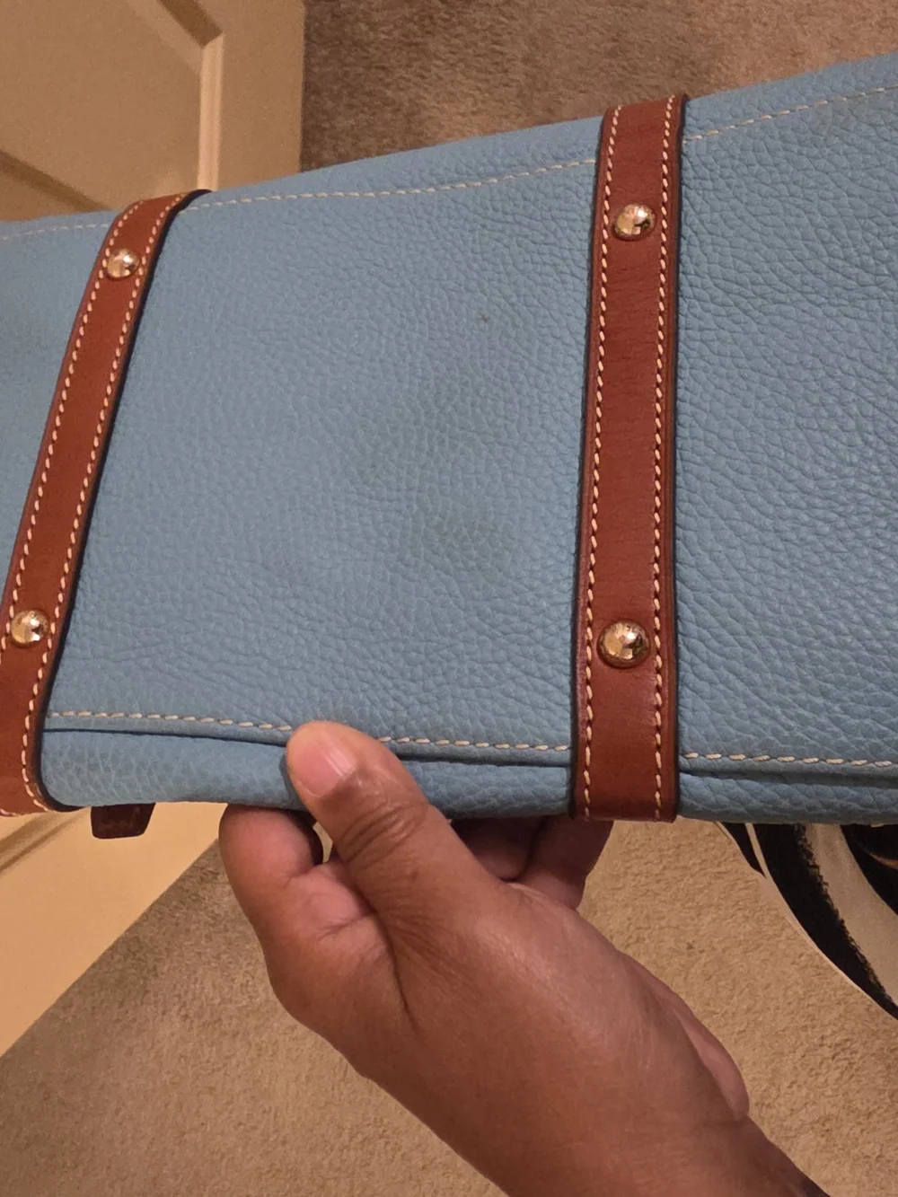 Dooney & Bourke Sky Blue Pebbled Leather Satchel with Brown Trim